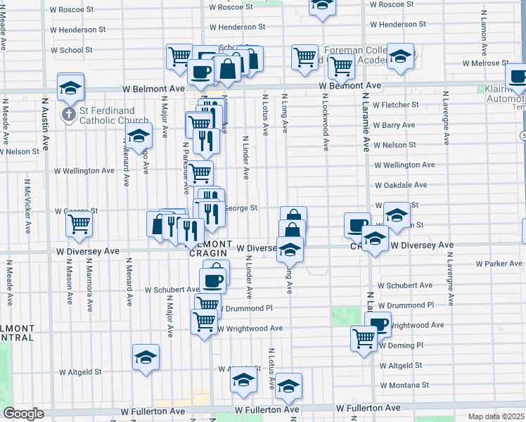 map of restaurants, bars, coffee shops, grocery stores, and more near 2839 North Linder Avenue in Chicago