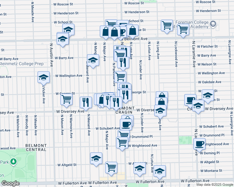 map of restaurants, bars, coffee shops, grocery stores, and more near 2840 North Central Avenue in Chicago