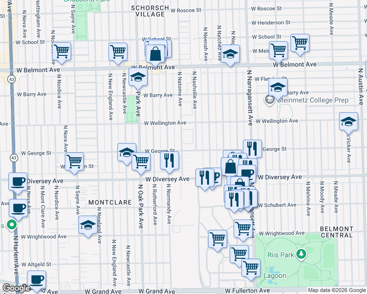 map of restaurants, bars, coffee shops, grocery stores, and more near 2854 North Natoma Avenue in Chicago
