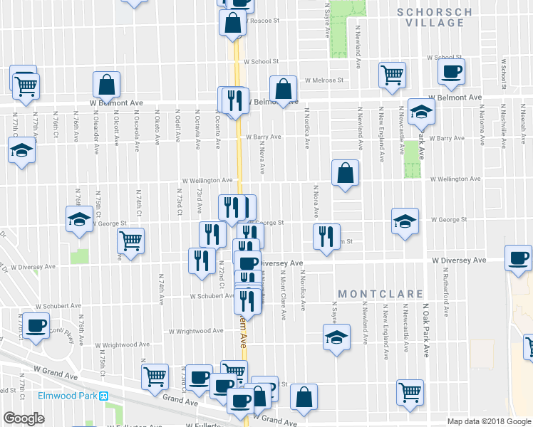 map of restaurants, bars, coffee shops, grocery stores, and more near 2858 North Neva Avenue in Chicago