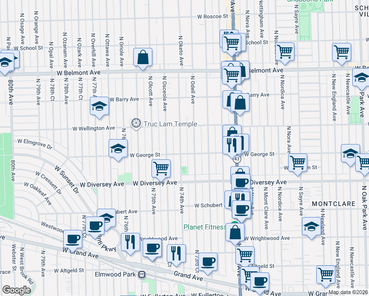 map of restaurants, bars, coffee shops, grocery stores, and more near 7401 West George Street in Elmwood Park