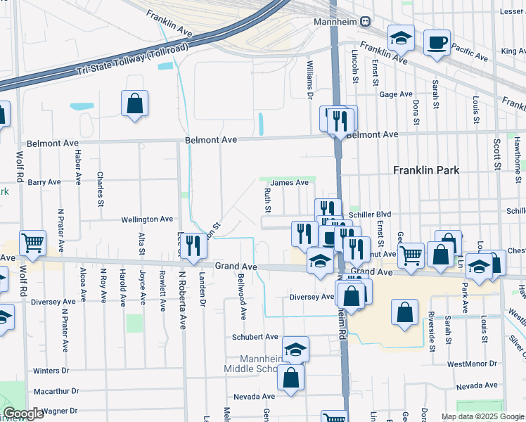 map of restaurants, bars, coffee shops, grocery stores, and more near 2 Jill Street in Franklin Park