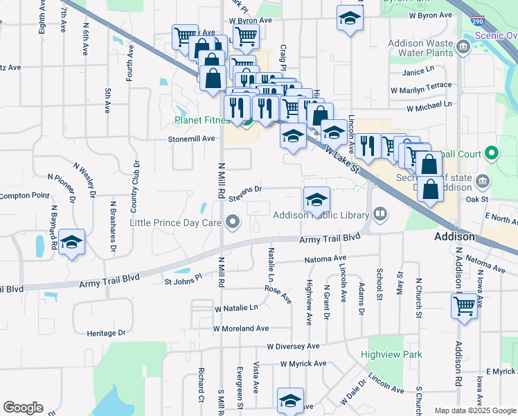 map of restaurants, bars, coffee shops, grocery stores, and more near 19W063 Oak Street in Addison