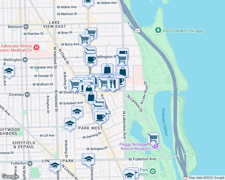 map of restaurants, bars, coffee shops, grocery stores, and more near 440 West Diversey Parkway in Chicago