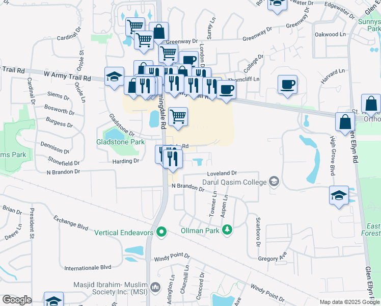 map of restaurants, bars, coffee shops, grocery stores, and more near 2020 Juniper Court in Glendale Heights