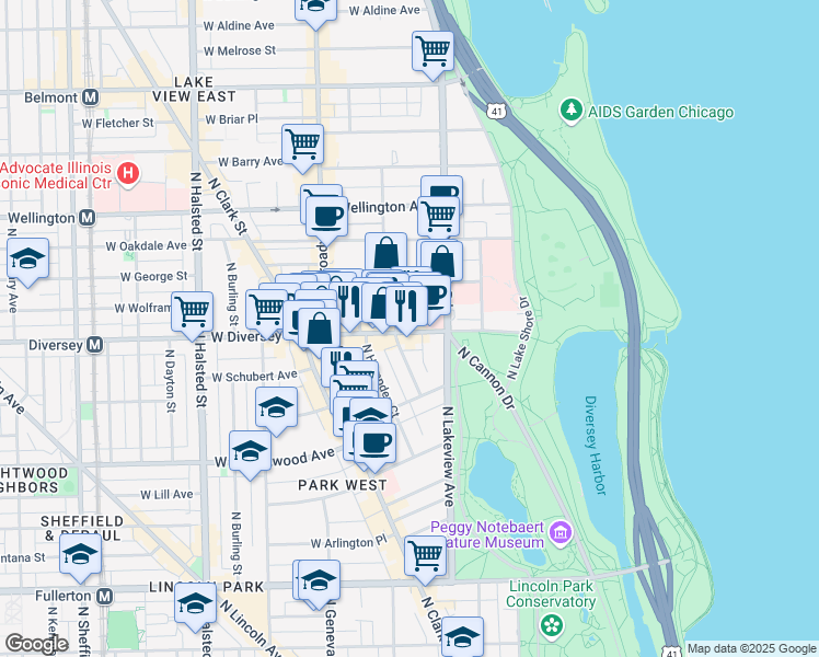 map of restaurants, bars, coffee shops, grocery stores, and more near 434 West Diversey Parkway in Chicago