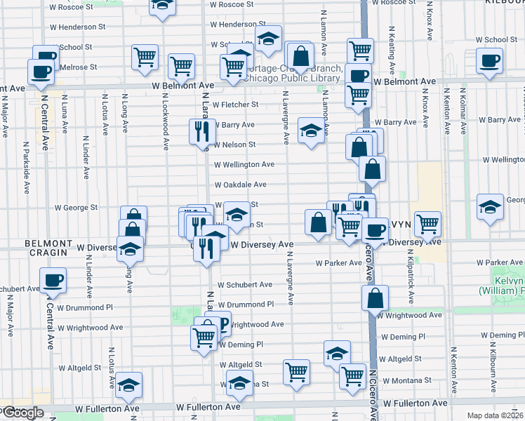 map of restaurants, bars, coffee shops, grocery stores, and more near 5034 West Wolfram Street in Chicago