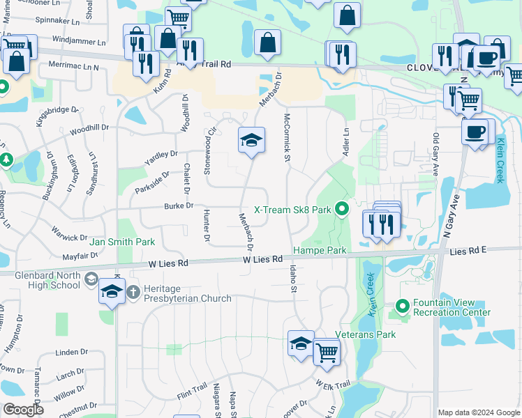 map of restaurants, bars, coffee shops, grocery stores, and more near 1122 Bradbury Circle in Carol Stream