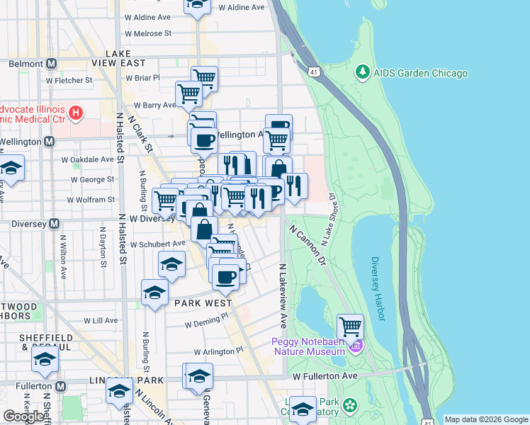 map of restaurants, bars, coffee shops, grocery stores, and more near 424 West Diversey Parkway in Chicago