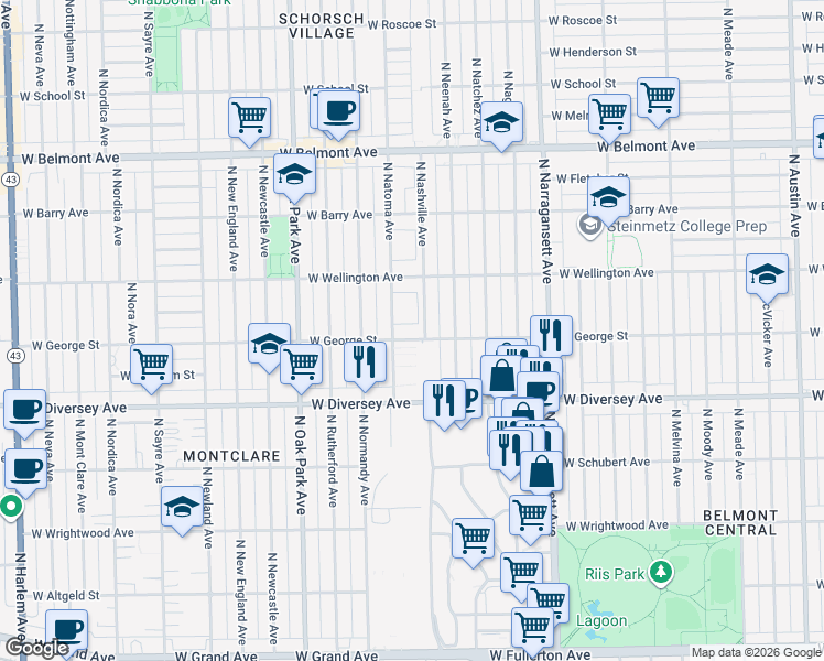 map of restaurants, bars, coffee shops, grocery stores, and more near 6559 West George Street in Chicago