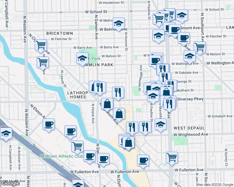 map of restaurants, bars, coffee shops, grocery stores, and more near 1840 West Diversey Parkway in Chicago