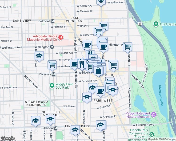 map of restaurants, bars, coffee shops, grocery stores, and more near 671 West Diversey Parkway in Chicago