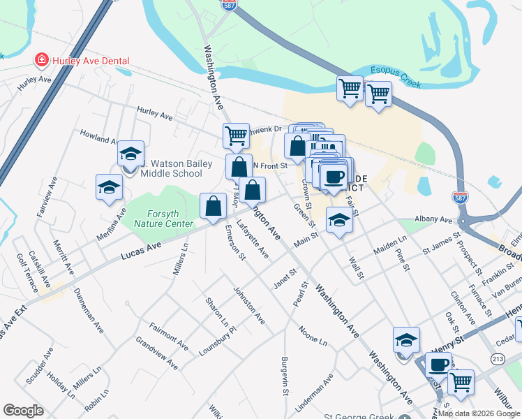 map of restaurants, bars, coffee shops, grocery stores, and more near 308 Washington Avenue in Kingston