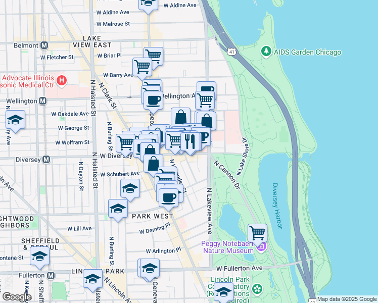 map of restaurants, bars, coffee shops, grocery stores, and more near 427 West Diversey Parkway in Chicago