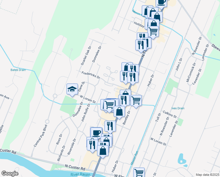 map of restaurants, bars, coffee shops, grocery stores, and more near 1605 Fredericks Drive in Monroe