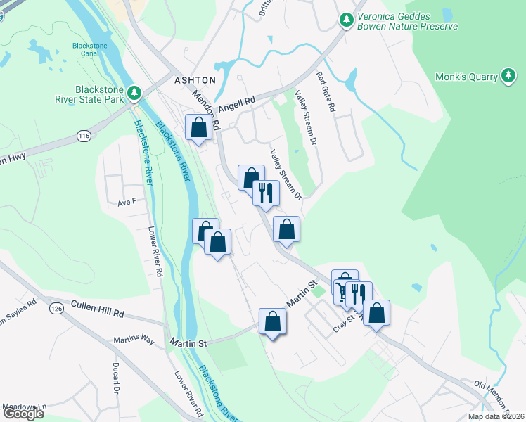 map of restaurants, bars, coffee shops, grocery stores, and more near 1251 Mendon Road in Cumberland