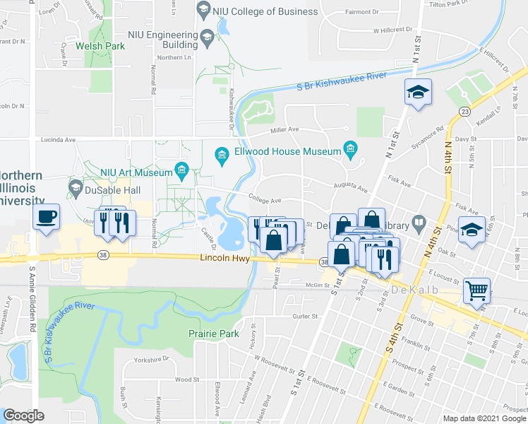 map of restaurants, bars, coffee shops, grocery stores, and more near 211 John Street in DeKalb