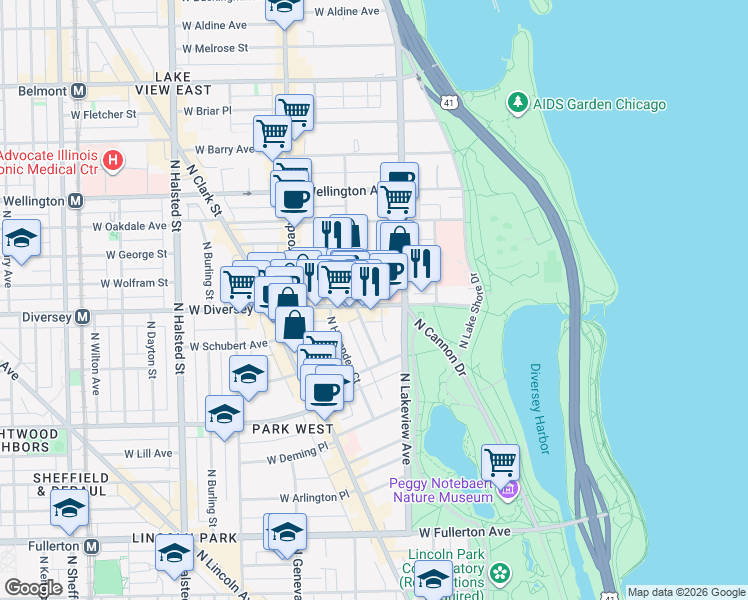 map of restaurants, bars, coffee shops, grocery stores, and more near 427 West Diversey Parkway in Chicago