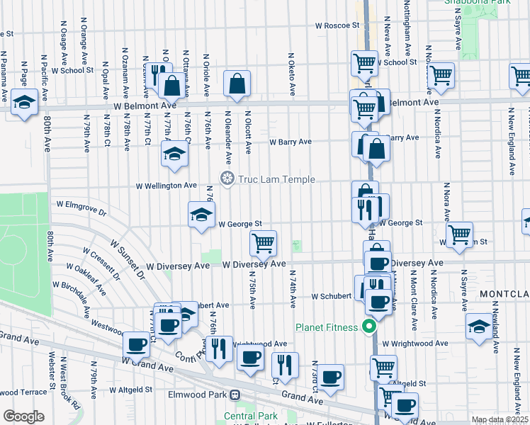 map of restaurants, bars, coffee shops, grocery stores, and more near 2846 North 74th Court in Chicago