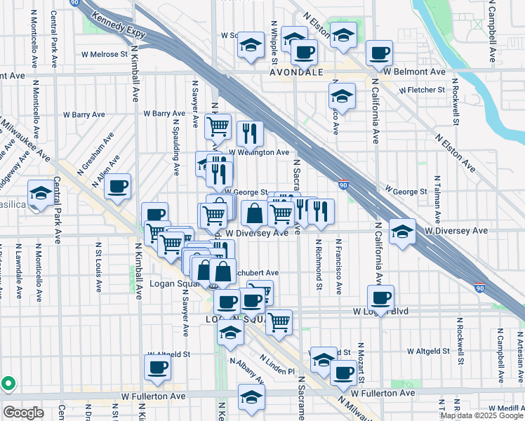map of restaurants, bars, coffee shops, grocery stores, and more near 2816 North Albany Avenue in Chicago