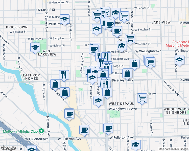map of restaurants, bars, coffee shops, grocery stores, and more near 1652 West Diversey Parkway in Chicago