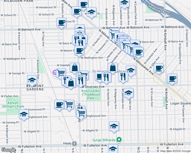 map of restaurants, bars, coffee shops, grocery stores, and more near 2819 North Springfield Avenue in Chicago