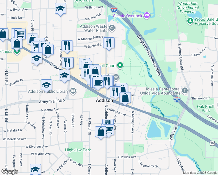 map of restaurants, bars, coffee shops, grocery stores, and more near 319 North Addison Road in Addison