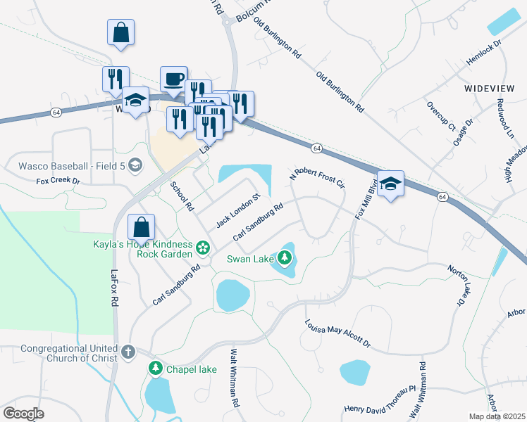 map of restaurants, bars, coffee shops, grocery stores, and more near 40W017 Carl Sandburg Road in St. Charles