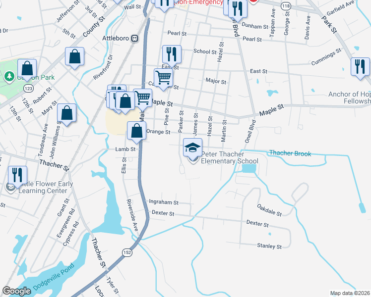 map of restaurants, bars, coffee shops, grocery stores, and more near 43 Brownell Street in Attleboro