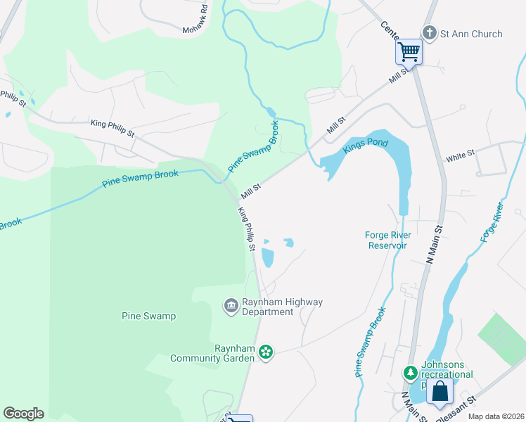 map of restaurants, bars, coffee shops, grocery stores, and more near 290 Mill Street in Raynham