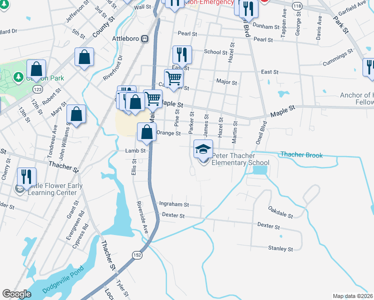 map of restaurants, bars, coffee shops, grocery stores, and more near 43 Brownell Street in Attleboro