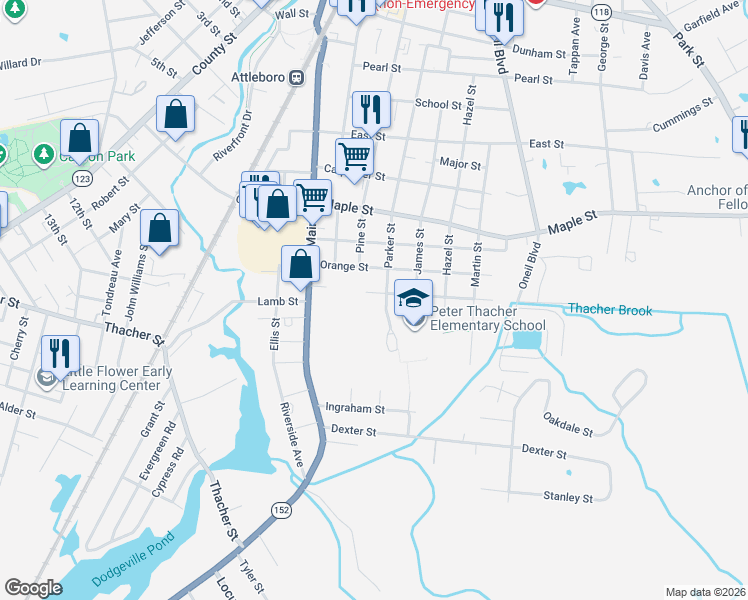 map of restaurants, bars, coffee shops, grocery stores, and more near 43 Brownell Street in Attleboro