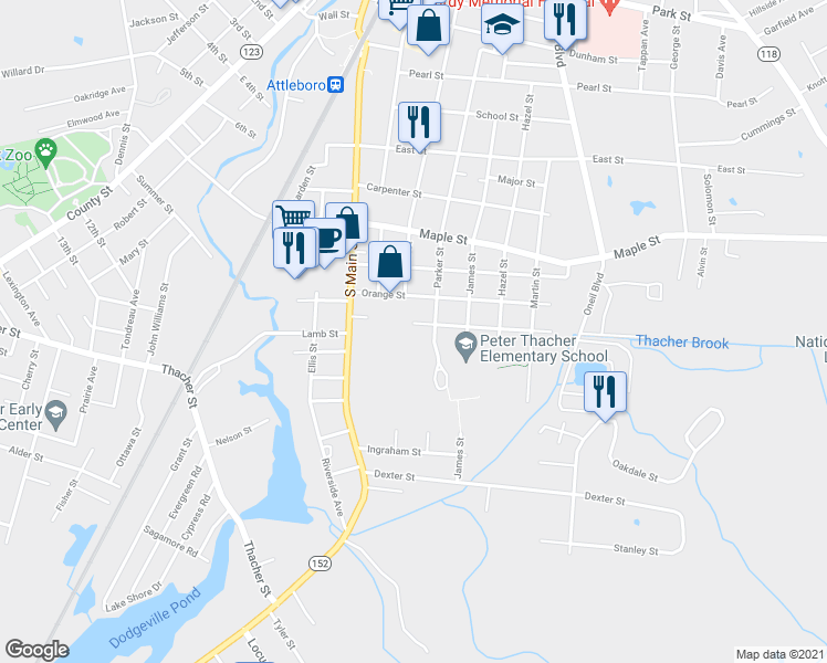 map of restaurants, bars, coffee shops, grocery stores, and more near 27 Brownell Street in Attleboro