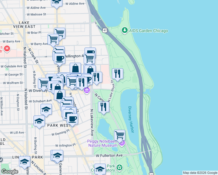 map of restaurants, bars, coffee shops, grocery stores, and more near 300w West Diversey Parkway in Chicago