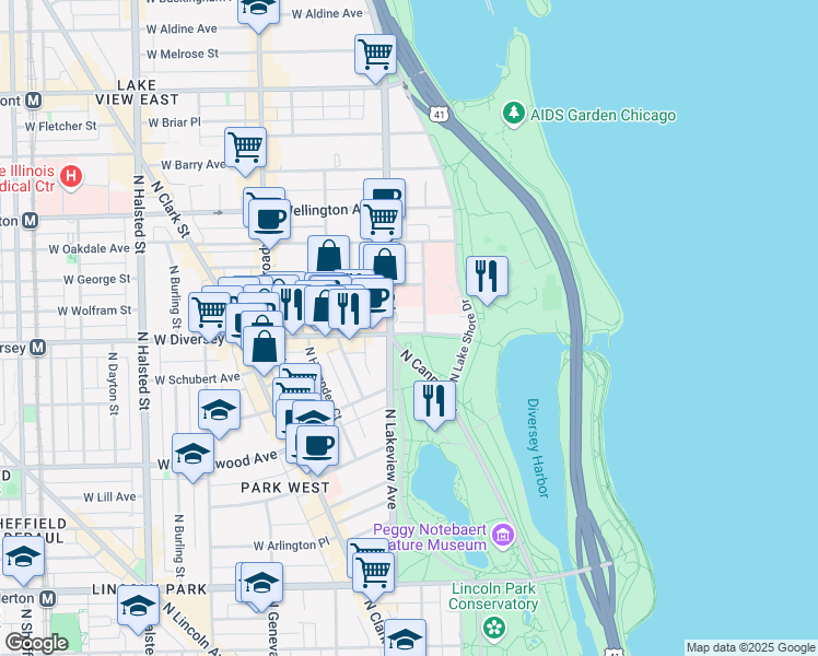 map of restaurants, bars, coffee shops, grocery stores, and more near 2485 North Sheridan Road in Chicago