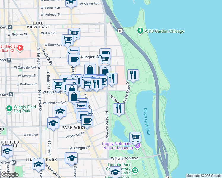 map of restaurants, bars, coffee shops, grocery stores, and more near 2485 North Sheridan Road in Chicago