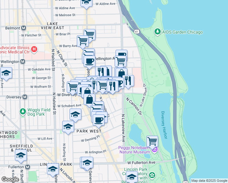 map of restaurants, bars, coffee shops, grocery stores, and more near 427 West Diversey Parkway in Chicago