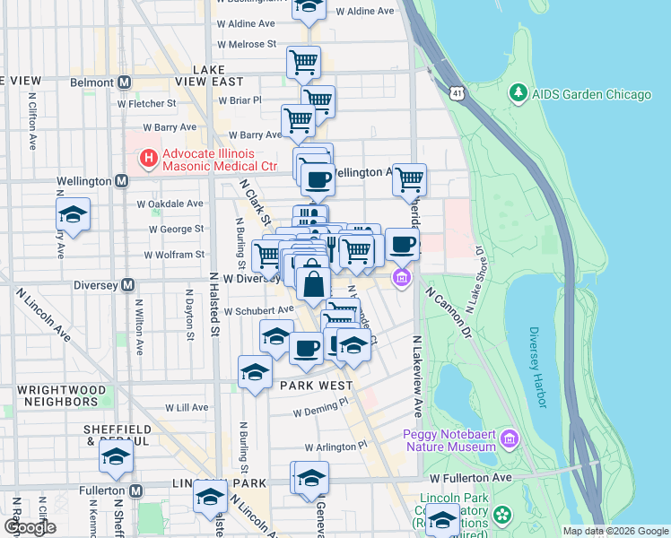 map of restaurants, bars, coffee shops, grocery stores, and more near 2727 North Lehmann Court in Chicago