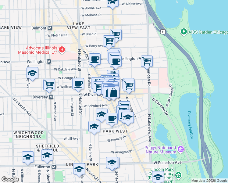 map of restaurants, bars, coffee shops, grocery stores, and more near in Chicago