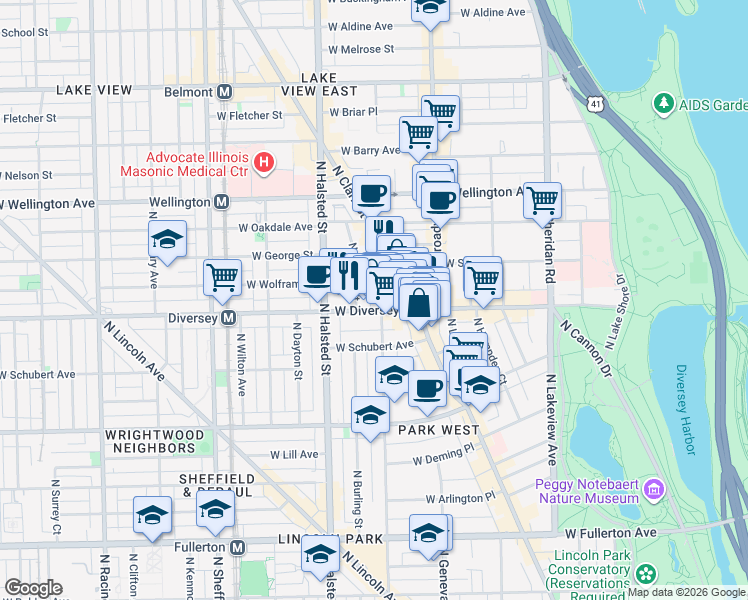map of restaurants, bars, coffee shops, grocery stores, and more near 671 West Diversey Parkway in Chicago