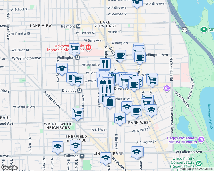 map of restaurants, bars, coffee shops, grocery stores, and more near 803 West Diversey Parkway in Chicago