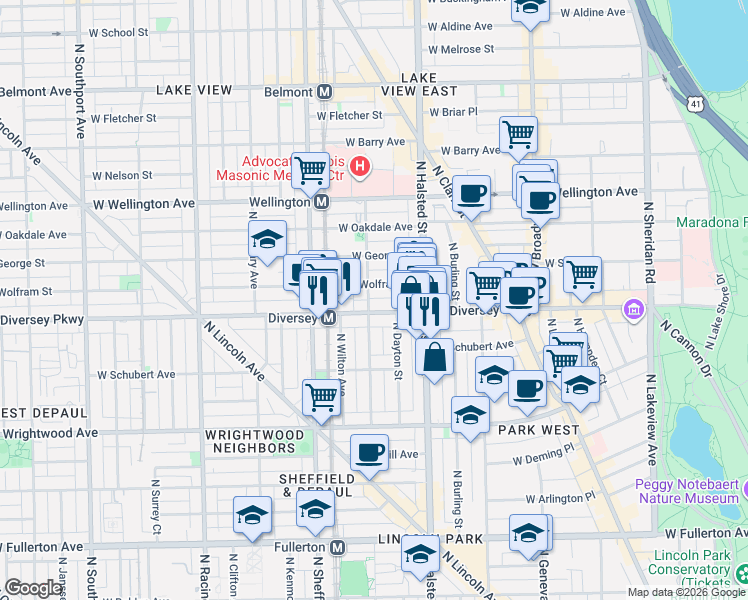map of restaurants, bars, coffee shops, grocery stores, and more near 851 West Diversey Parkway in Chicago