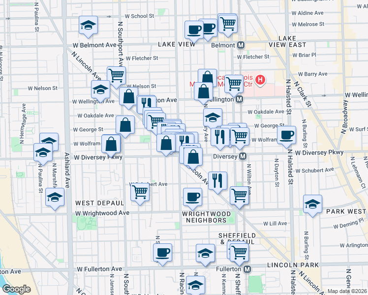 map of restaurants, bars, coffee shops, grocery stores, and more near 2815 North Lincoln Avenue in Chicago