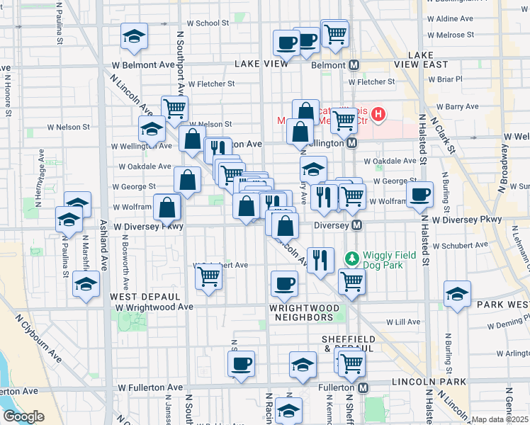 map of restaurants, bars, coffee shops, grocery stores, and more near 2815 North Lincoln Avenue in Chicago