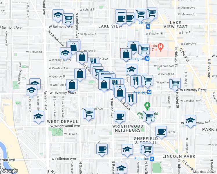 map of restaurants, bars, coffee shops, grocery stores, and more near 2815 North Lincoln Avenue in Chicago