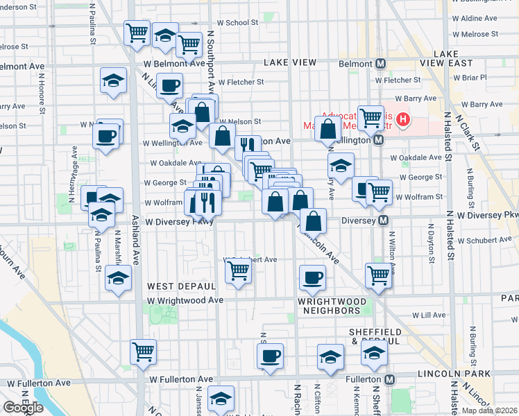 map of restaurants, bars, coffee shops, grocery stores, and more near 1305 West Diversey Parkway in Chicago