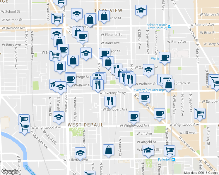 map of restaurants, bars, coffee shops, grocery stores, and more near 1305 West Diversey Parkway in Chicago