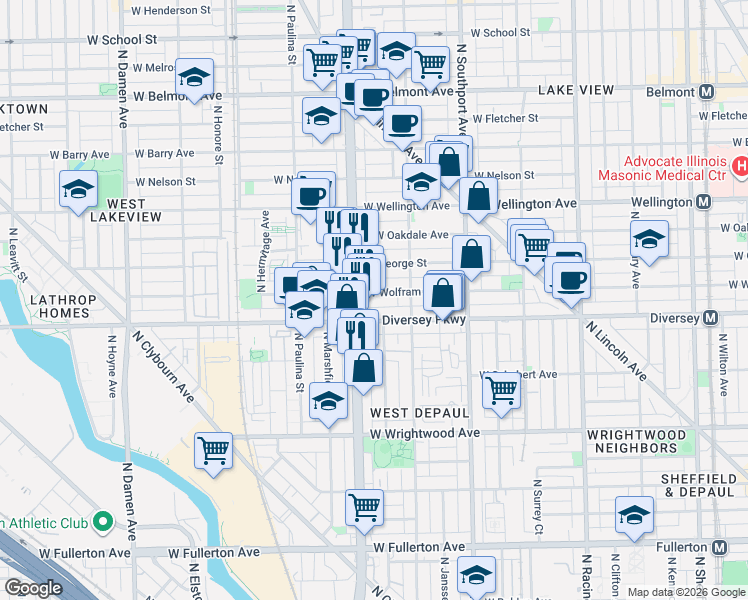 map of restaurants, bars, coffee shops, grocery stores, and more near 1534 West Diversey Parkway in Chicago