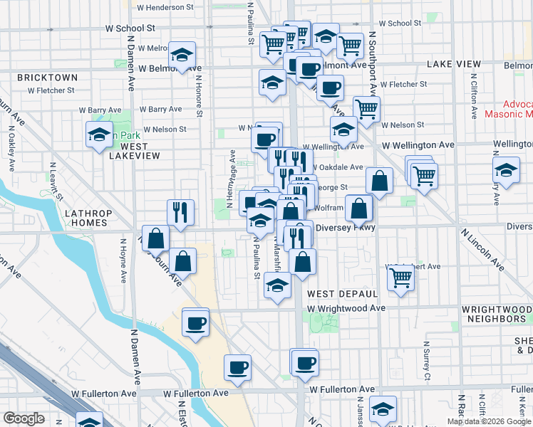 map of restaurants, bars, coffee shops, grocery stores, and more near 1652 West Diversey Parkway in Chicago