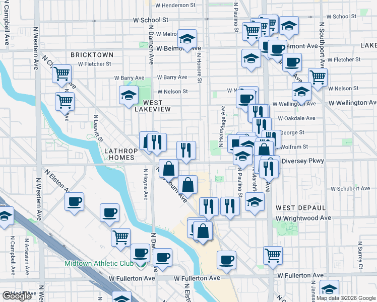 map of restaurants, bars, coffee shops, grocery stores, and more near 1840 West Diversey Parkway in Chicago